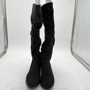 Black Knee High Collar Stacked Chunky Closed Toe Faux Suede Wide Calf Shoes